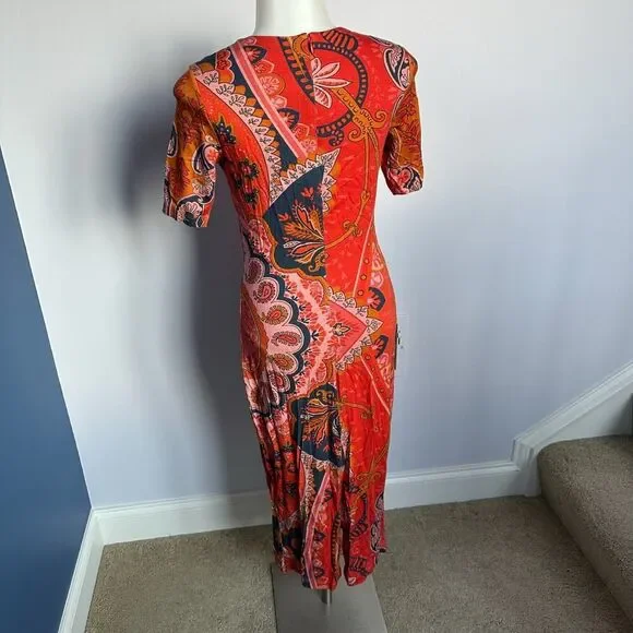 Farm Rio Red Orange Giannina Knit Paisley Midi Dress - Size XS - Picture 9 of 12